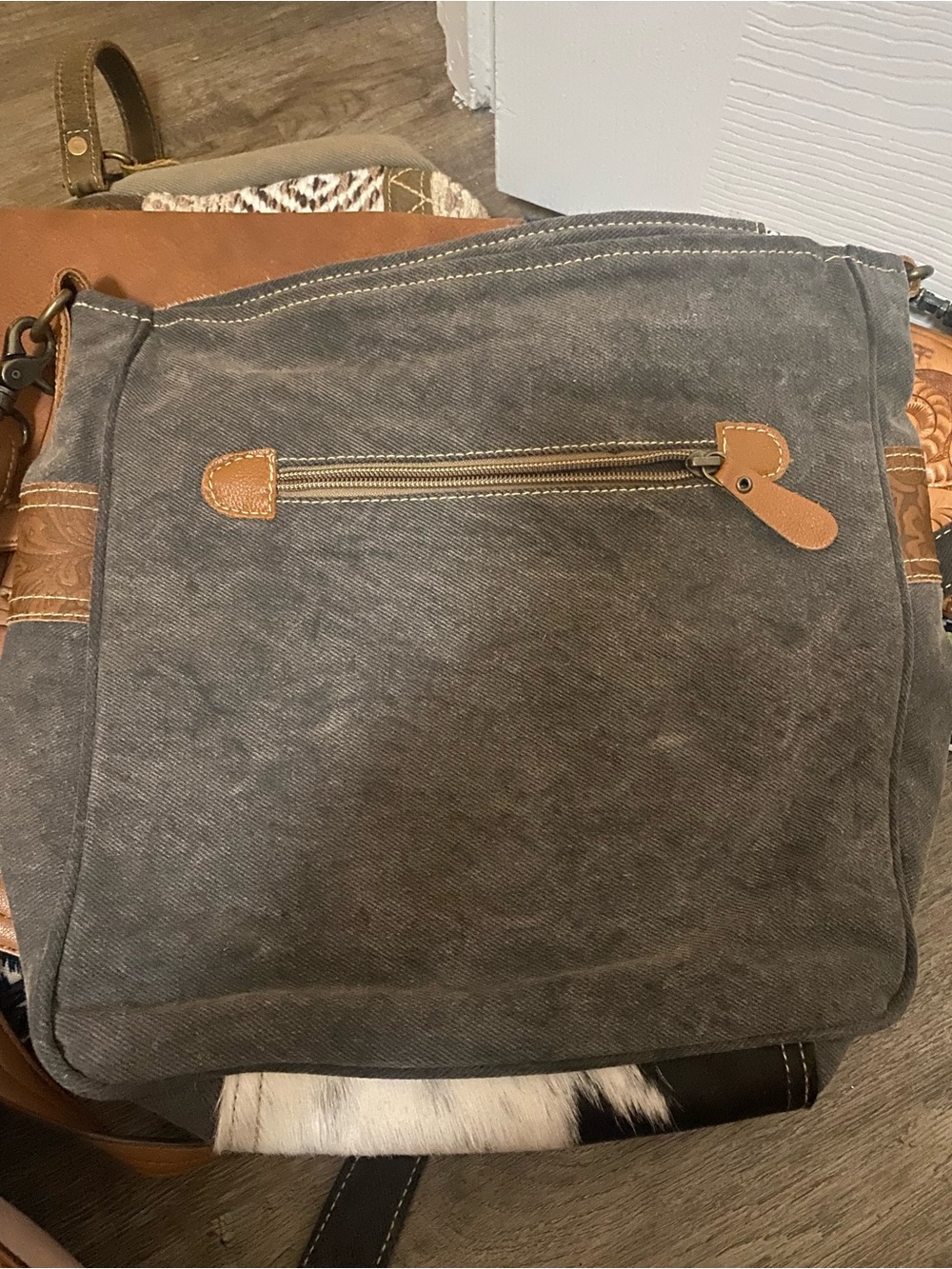 Myra Bag Brown Leather Crossbody with Cream Printed Lining - Picture 4 of 4